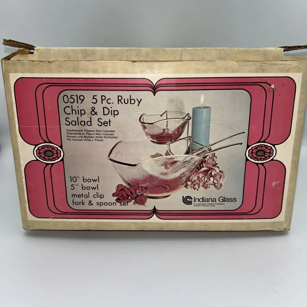 Vintage 3 Piece Ruby Colored Chip And Dip Set Indiana Glass Co. w/Box